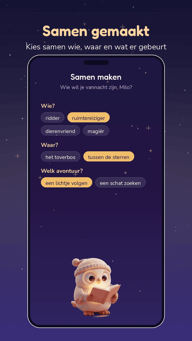 Schermafbeelding van de app: samen kiezen wie de held is, waar het verhaal zich afspeelt en welk avontuur het wordt