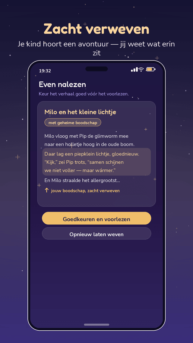 Schermafbeelding van de app: het verhaal staat klaar om na te lezen, met de geheime boodschap zacht verweven