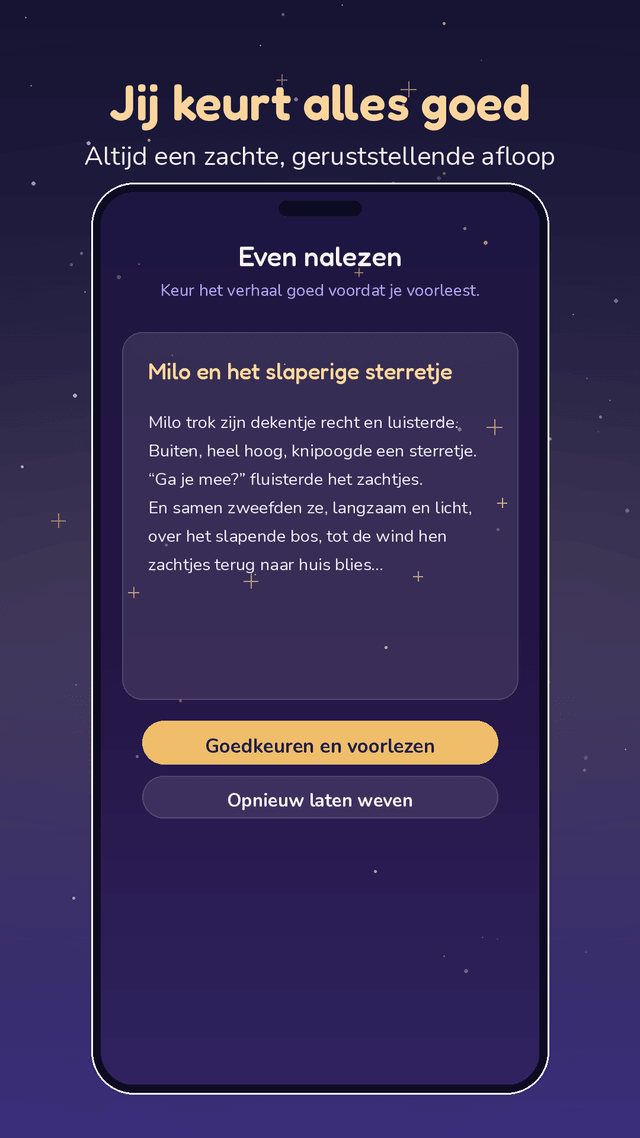 Schermafbeelding van de app: de ouder leest het verhaal na en keurt het goed vóór het voorlezen